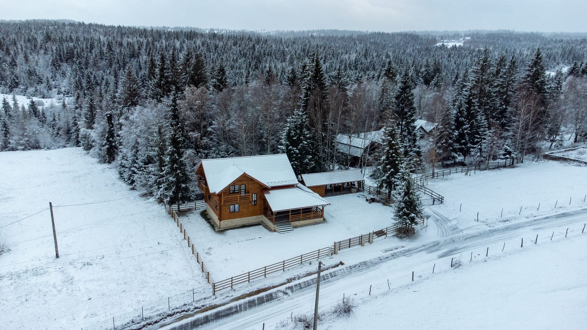 Cabana Măgura Mare iarna, vedere aeriană cu pădurea de conifere înzăpezită